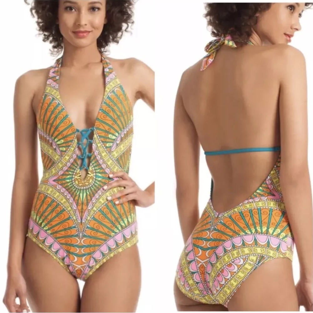 Trina Turk Capri Sherbet Orange Halter Lace Up One Piece Swimsuit Small